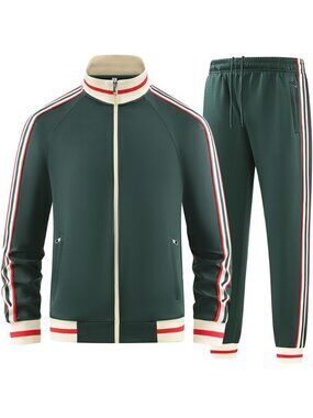 Men's 2 Piece Suit Green Slant Pocket Long Sleeve Full Zip Sweatsuit Jacket Pant